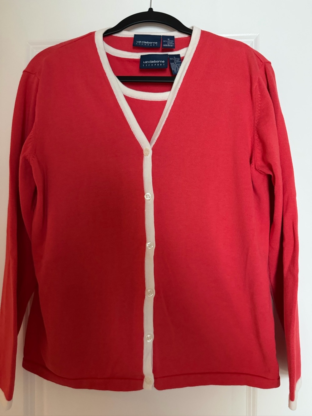 Liz Claiborne Coral-Red Cardigan with Cream Trim and Shell top.